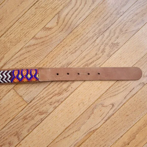 Lucky Brand Multi Embroidered Aztec Boho 100% Leather Belt Brown - Picture 7 of 16